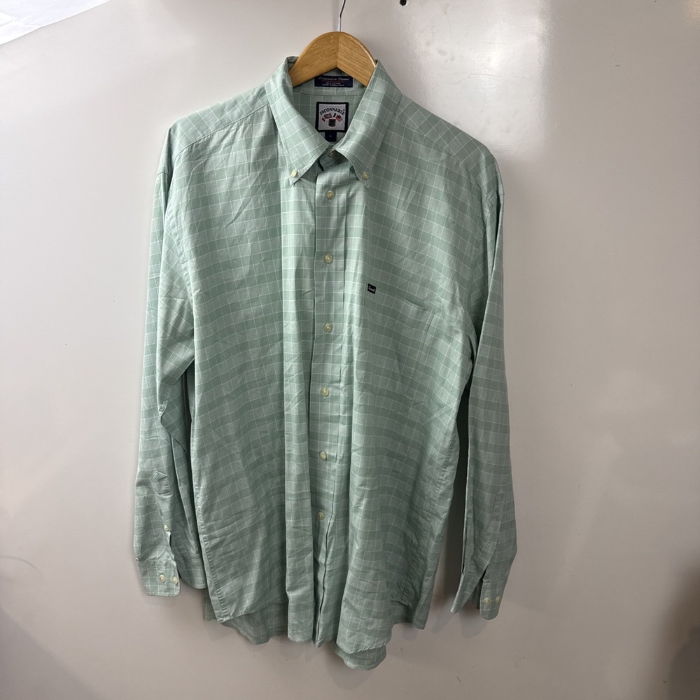 Faconnable Button Down Shirt Men's L Green White Plaid Long Sleeve 100% Cotton